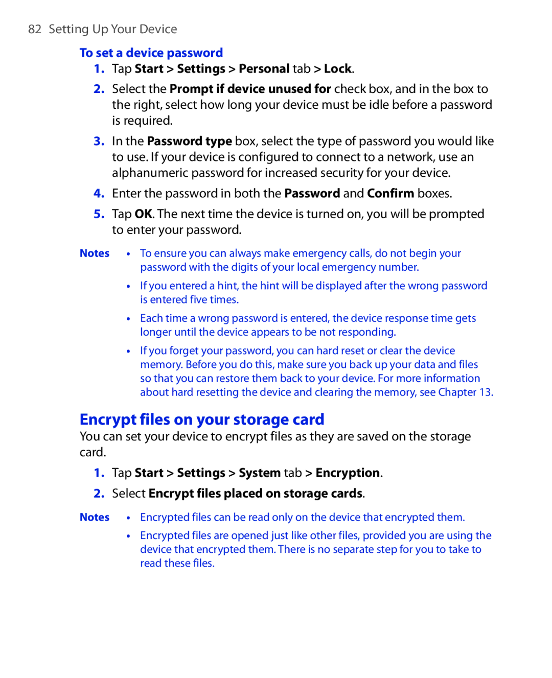 HTC Xda orbit 2 manual Encrypt files on your storage card, To set a device password, Tap Start Settings Personal tab Lock 