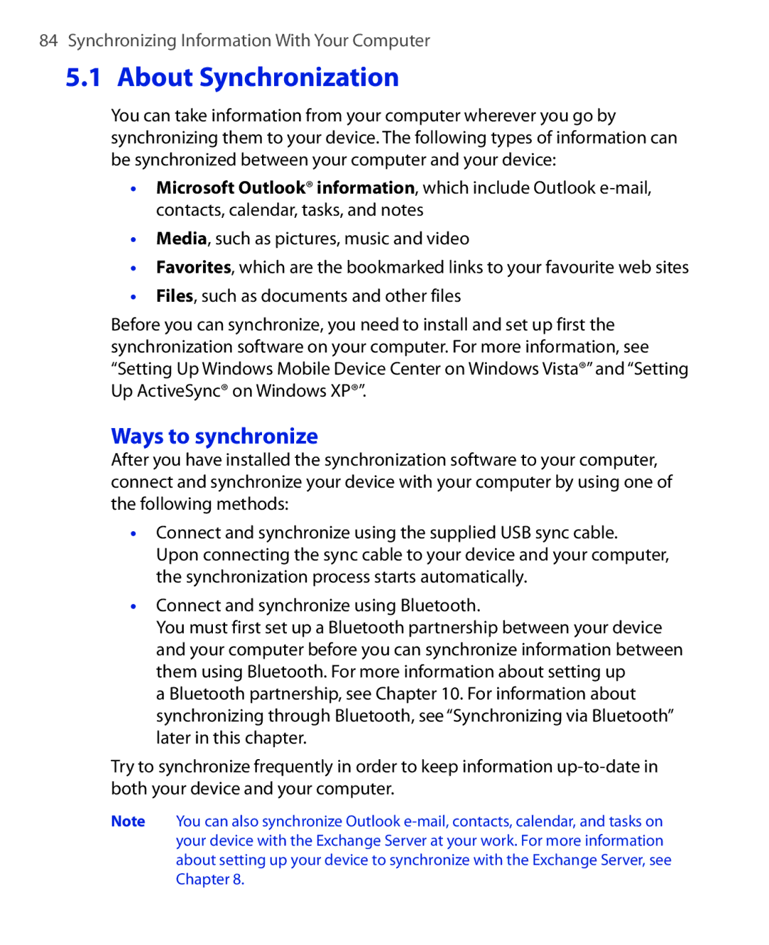 HTC Xda orbit 2 manual Ways to synchronize 