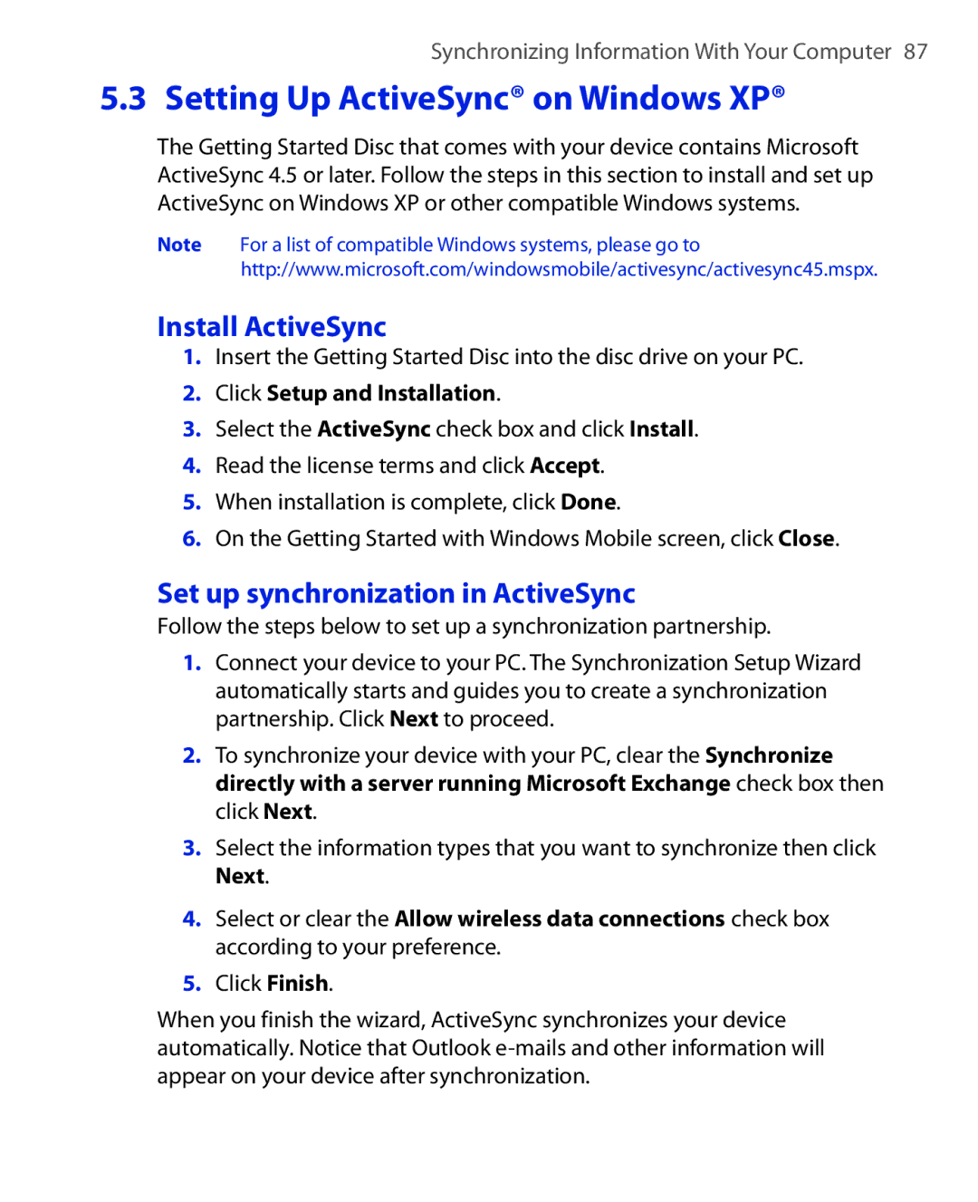 HTC Xda orbit 2 manual Setting Up ActiveSync on Windows XP, Install ActiveSync, Set up synchronization in ActiveSync 