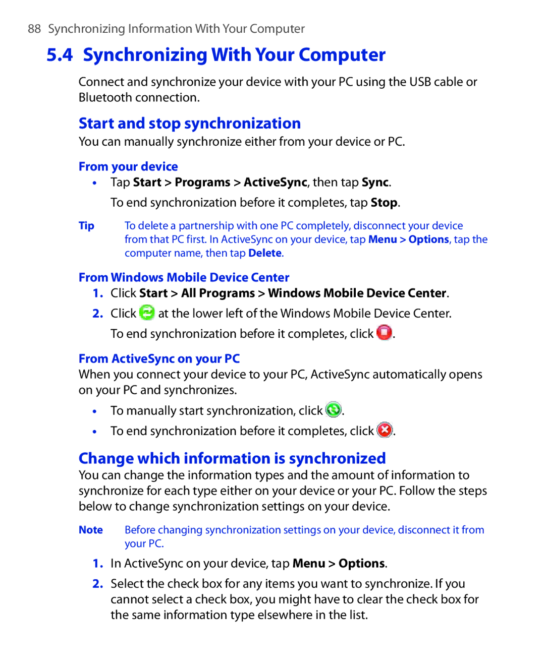 HTC Xda orbit 2 Synchronizing With Your Computer, Start and stop synchronization, Change which information is synchronized 