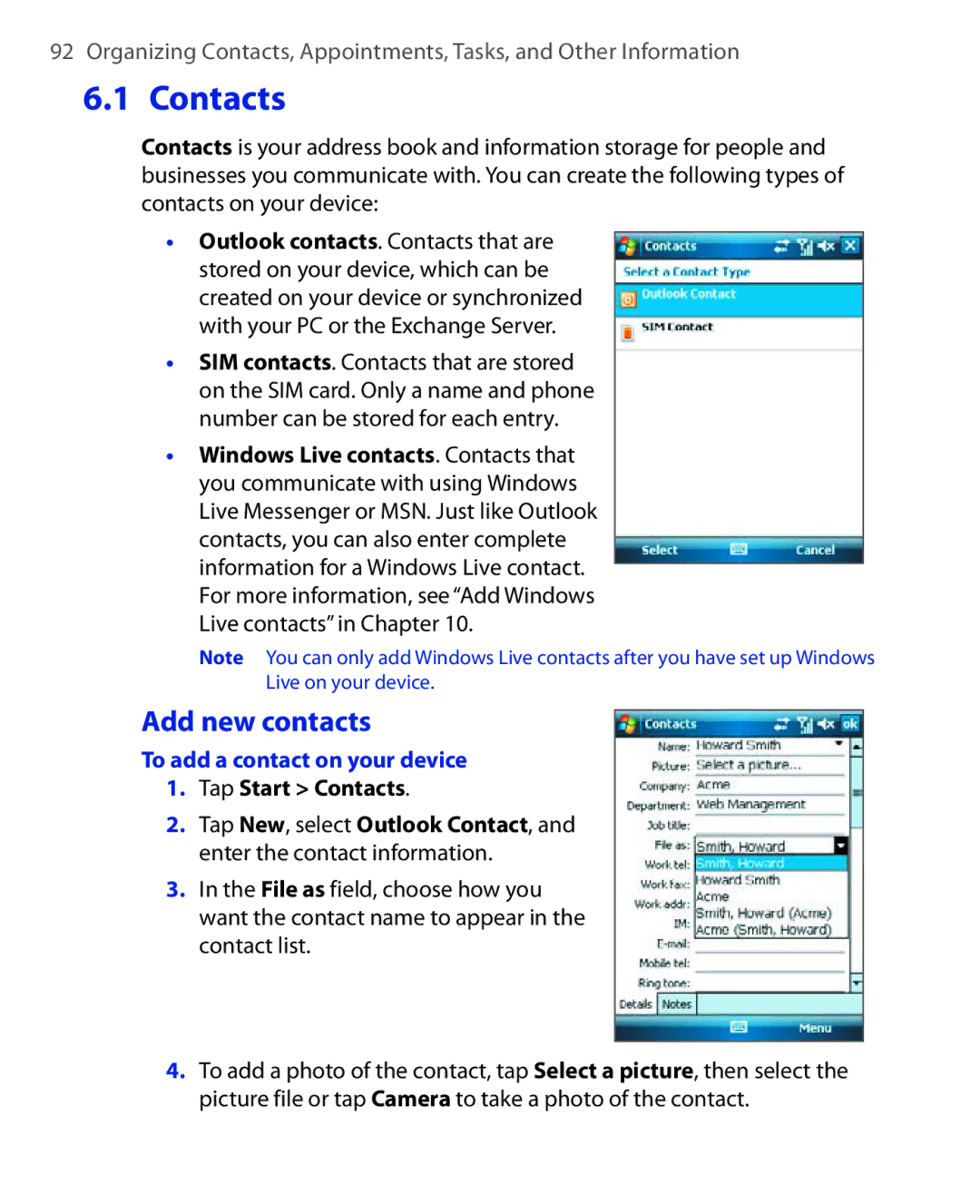 HTC Xda orbit 2 manual Contacts, Add new contacts, To add a contact on your device 