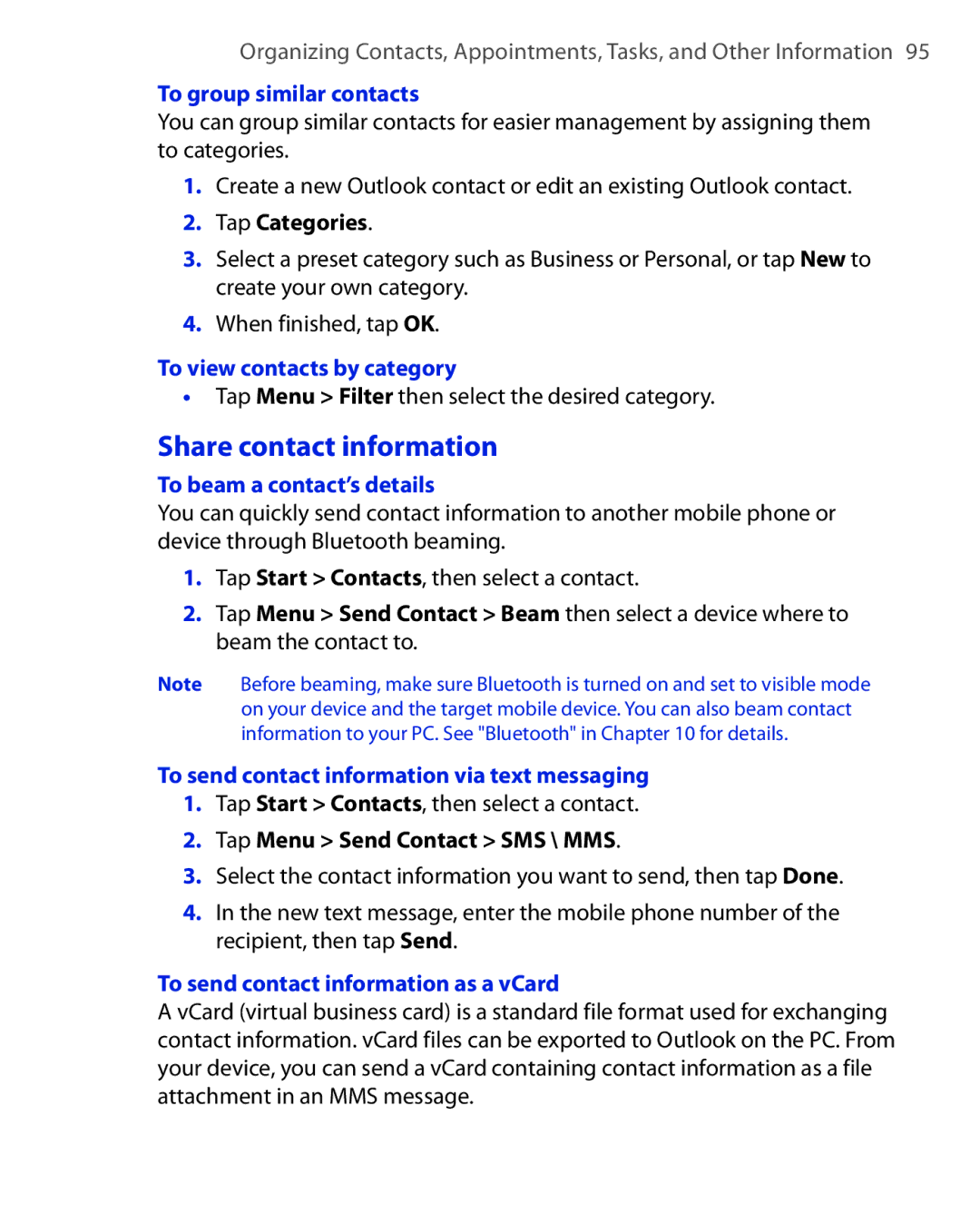 HTC Xda orbit 2 manual Share contact information 