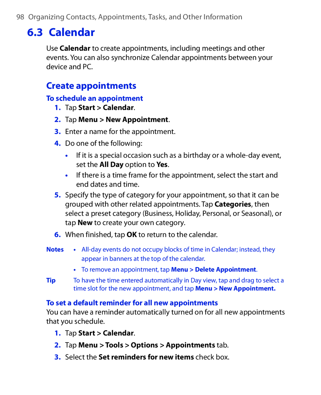 HTC Xda orbit 2 manual Create appointments, To schedule an appointment, Tap Start Calendar Tap Menu New Appointment 