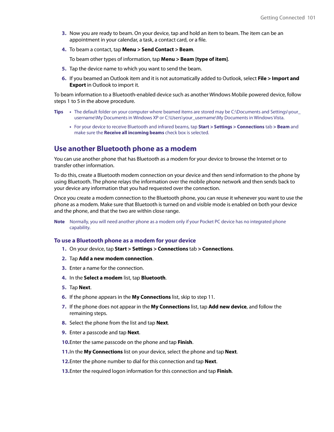 HTC XV6800 user manual Use another Bluetooth phone as a modem, To use a Bluetooth phone as a modem for your device 