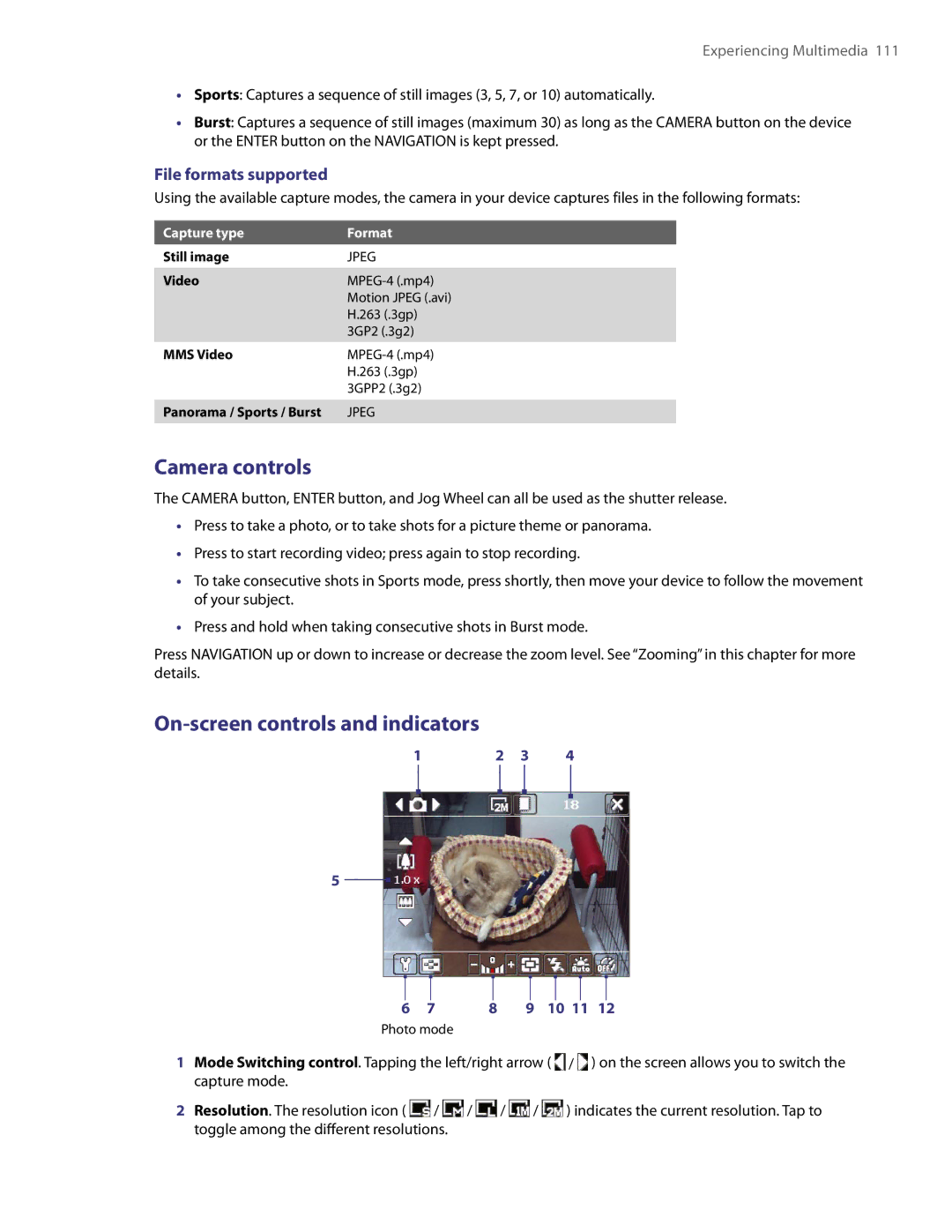 HTC XV6800 user manual Camera controls, On-screen controls and indicators, File formats supported 