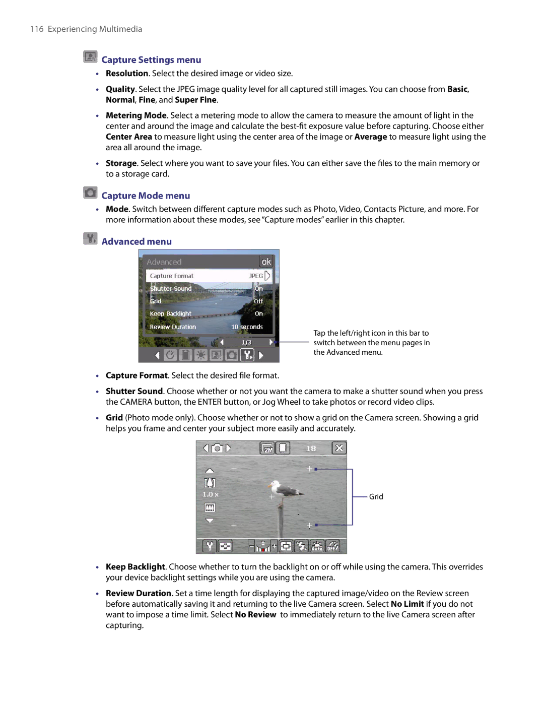 HTC XV6800 user manual Capture Settings menu, Capture Mode menu, Advanced menu 