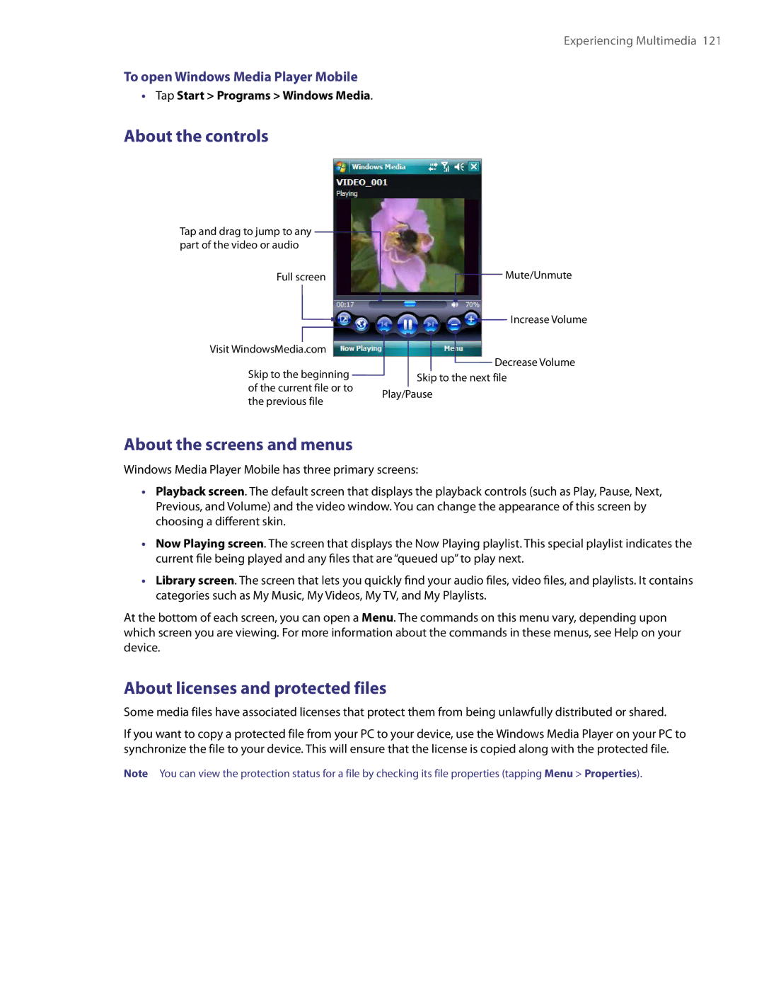 HTC XV6800 user manual About the controls, About the screens and menus, To open Windows Media Player Mobile 