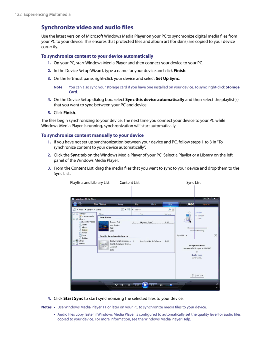 HTC XV6800 user manual Synchronize video and audio files, To synchronize content to your device automatically 