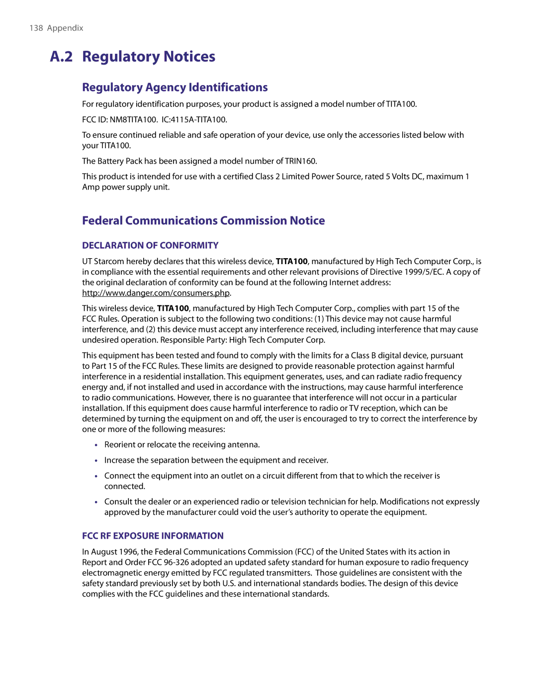 HTC XV6800 user manual Regulatory Notices, Regulatory Agency Identifications, Federal Communications Commission Notice 