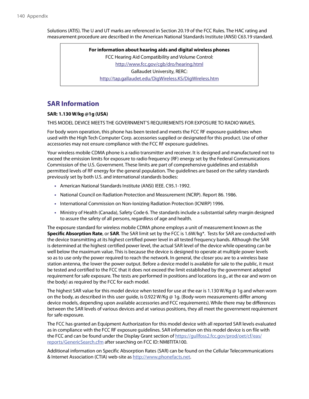 HTC XV6800 user manual SAR Information, SAR 1.130 W/kg @1g USA 