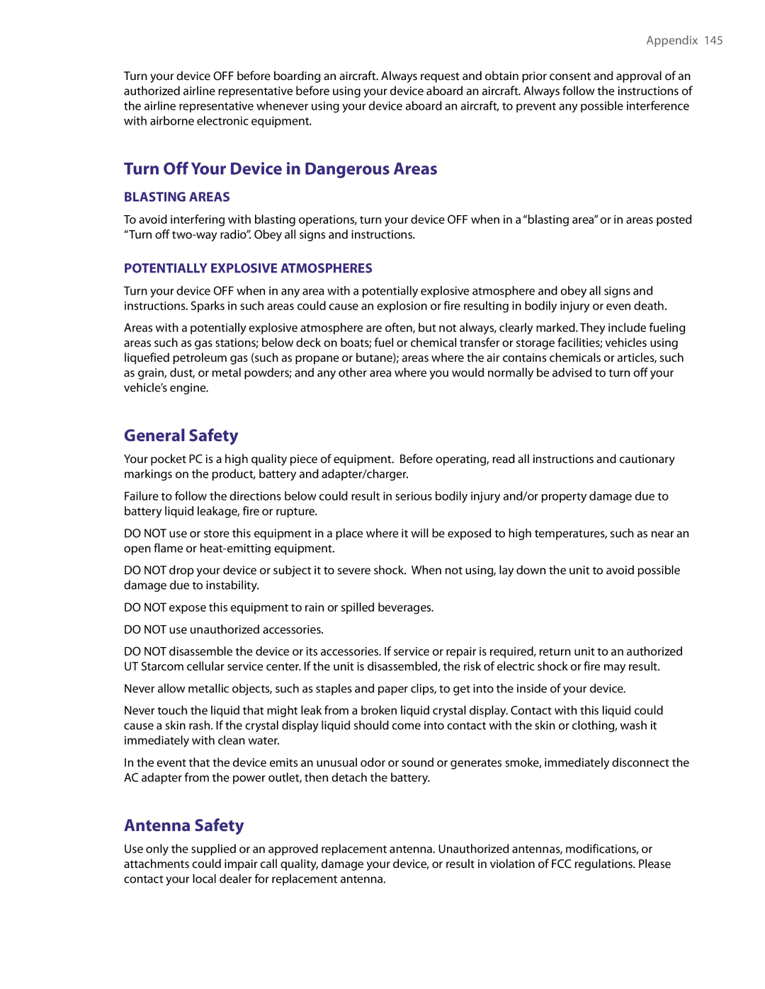 HTC XV6800 user manual Turn Off Your Device in Dangerous Areas, General Safety, Antenna Safety 