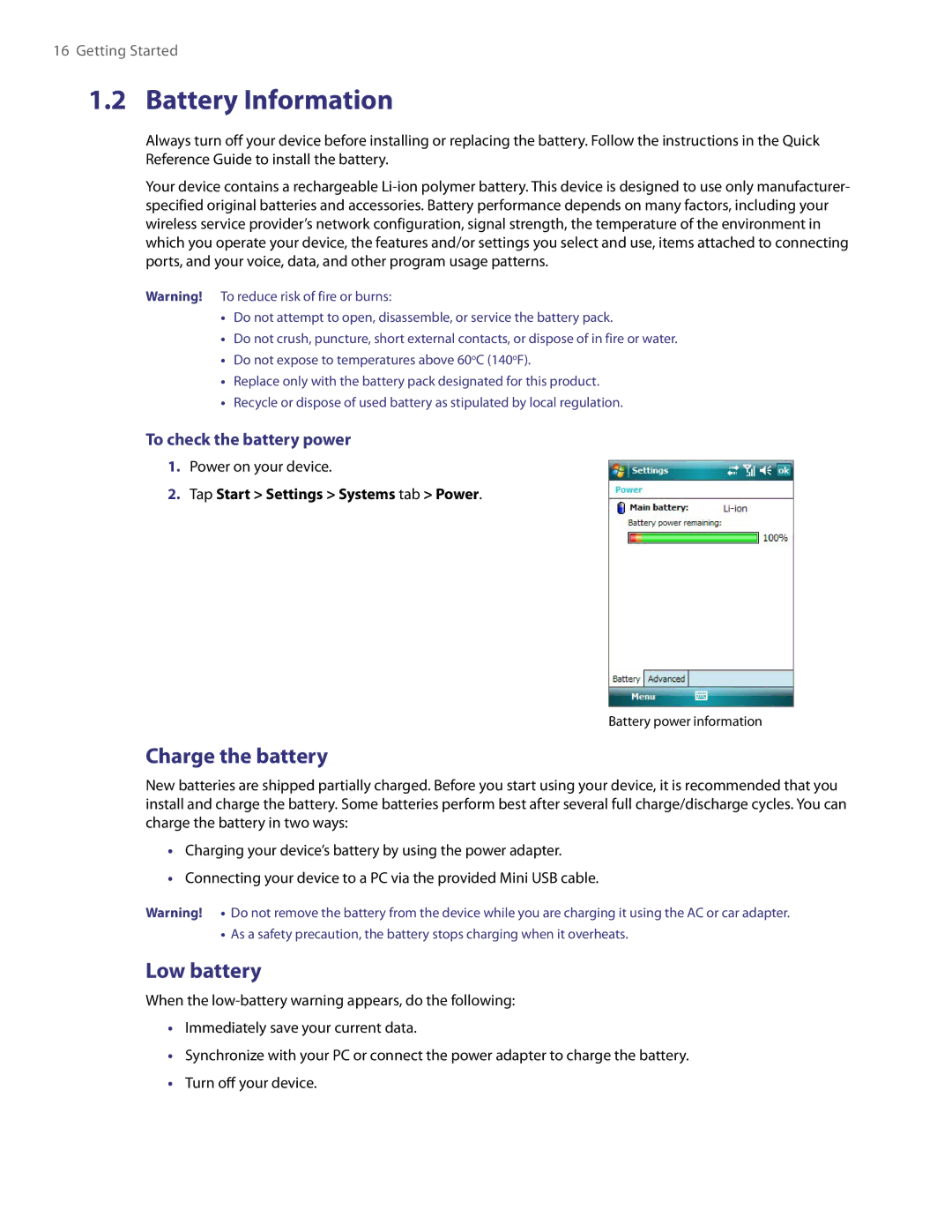 HTC XV6800 user manual Battery Information, Charge the battery, Low battery, To check the battery power 