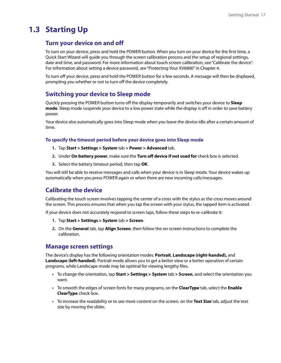 HTC XV6800 user manual Starting Up, Turn your device on and off, Switching your device to Sleep mode, Calibrate the device 