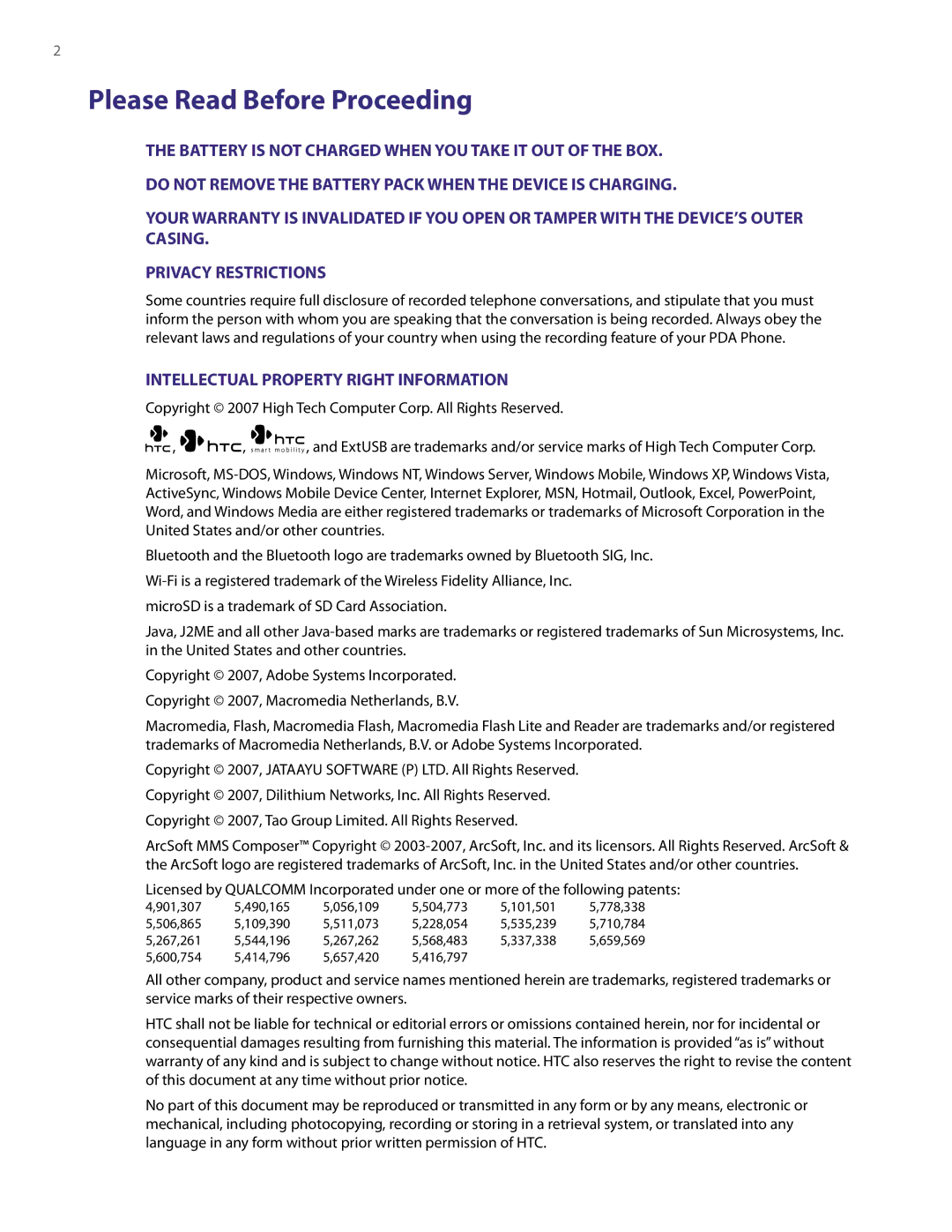 HTC XV6800 user manual Please Read Before Proceeding, Intellectual Property Right Information 