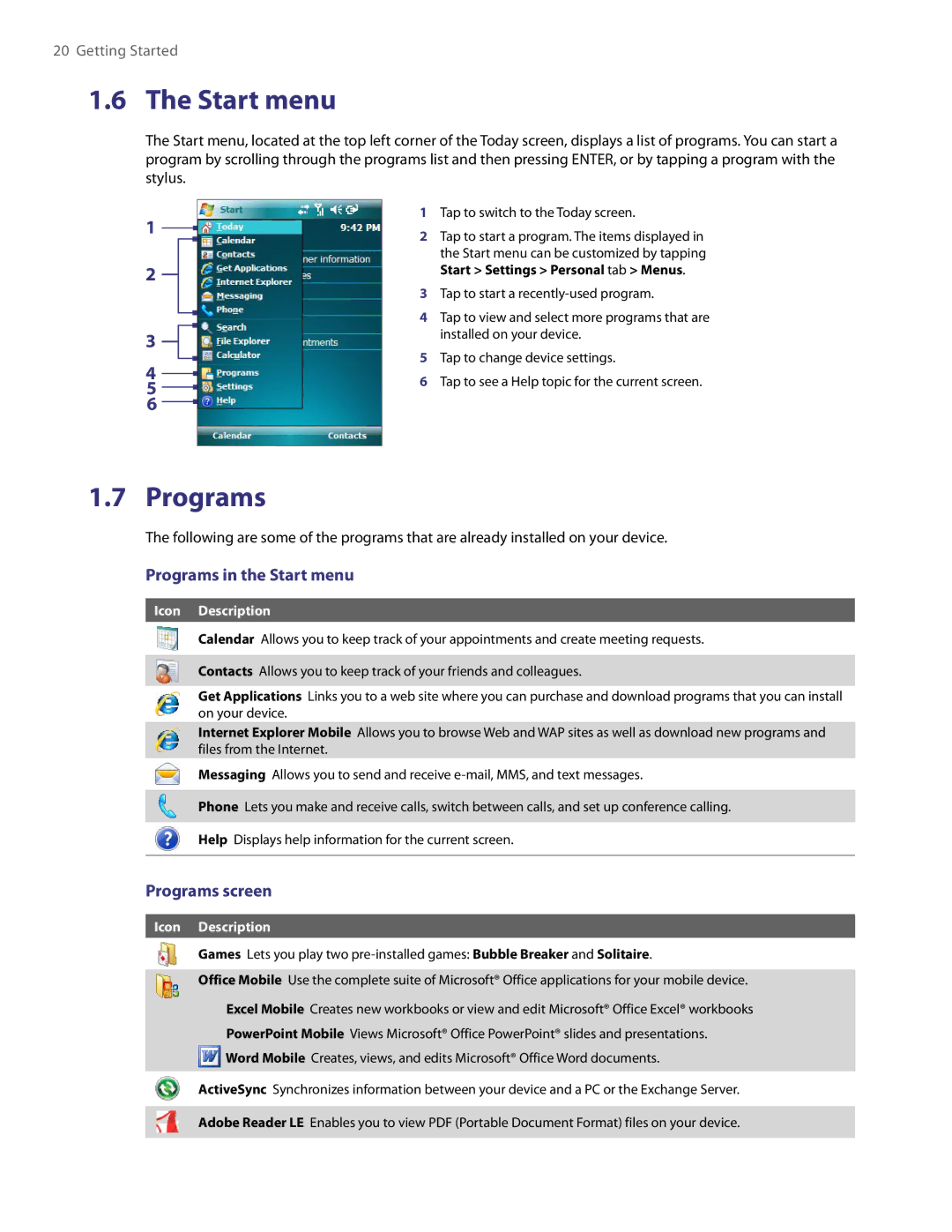 HTC XV6800 user manual Programs in the Start menu, Programs screen 