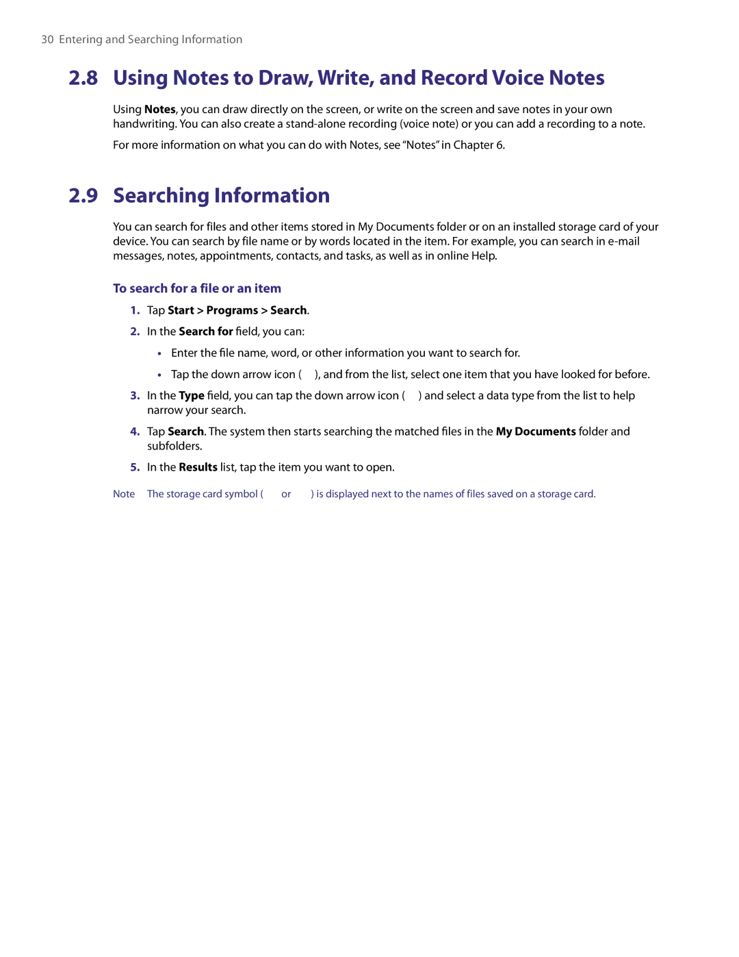 HTC XV6800 Using Notes to Draw, Write, and Record Voice Notes, Searching Information, To search for a file or an item 