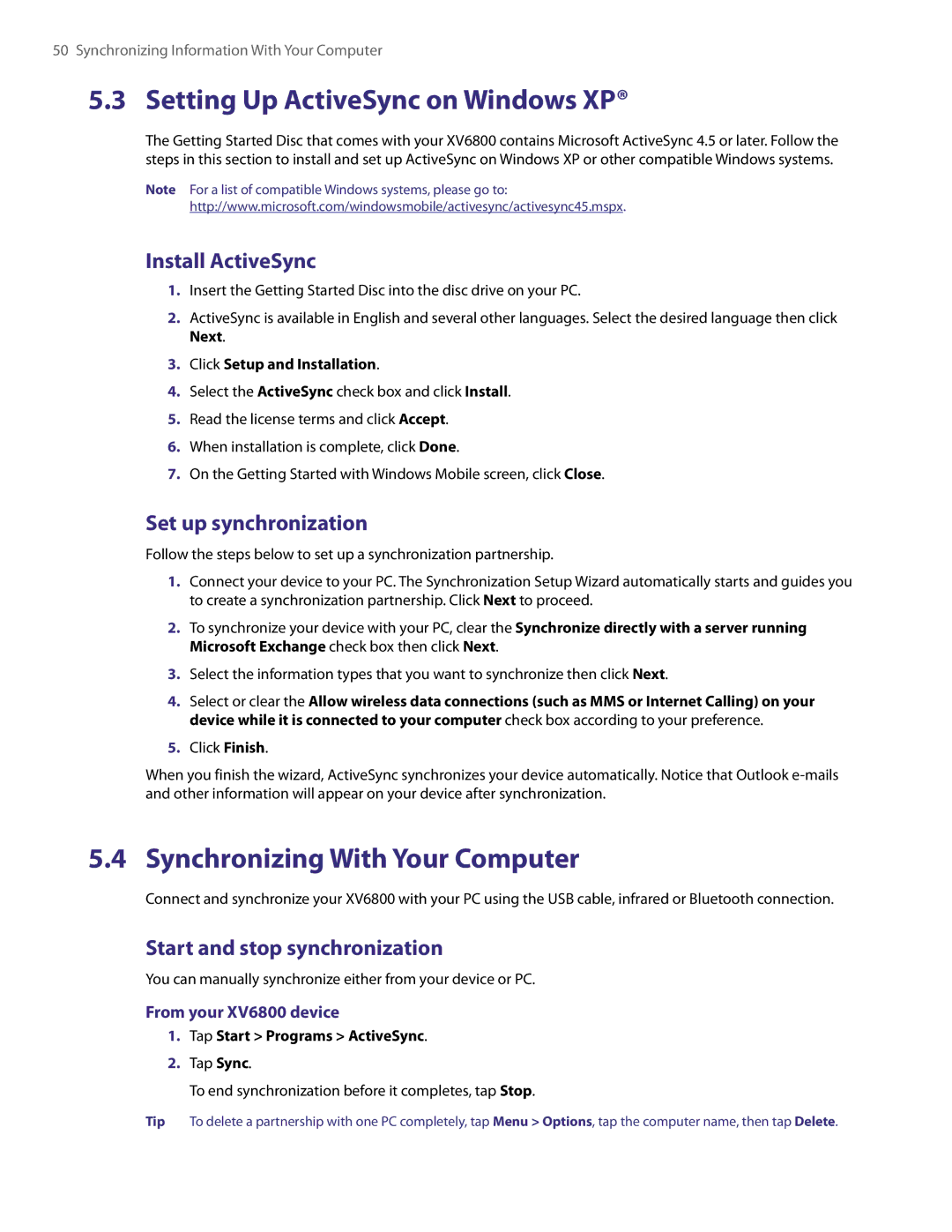 HTC XV6800 user manual Setting Up ActiveSync on Windows XP, Synchronizing With Your Computer, Install ActiveSync 