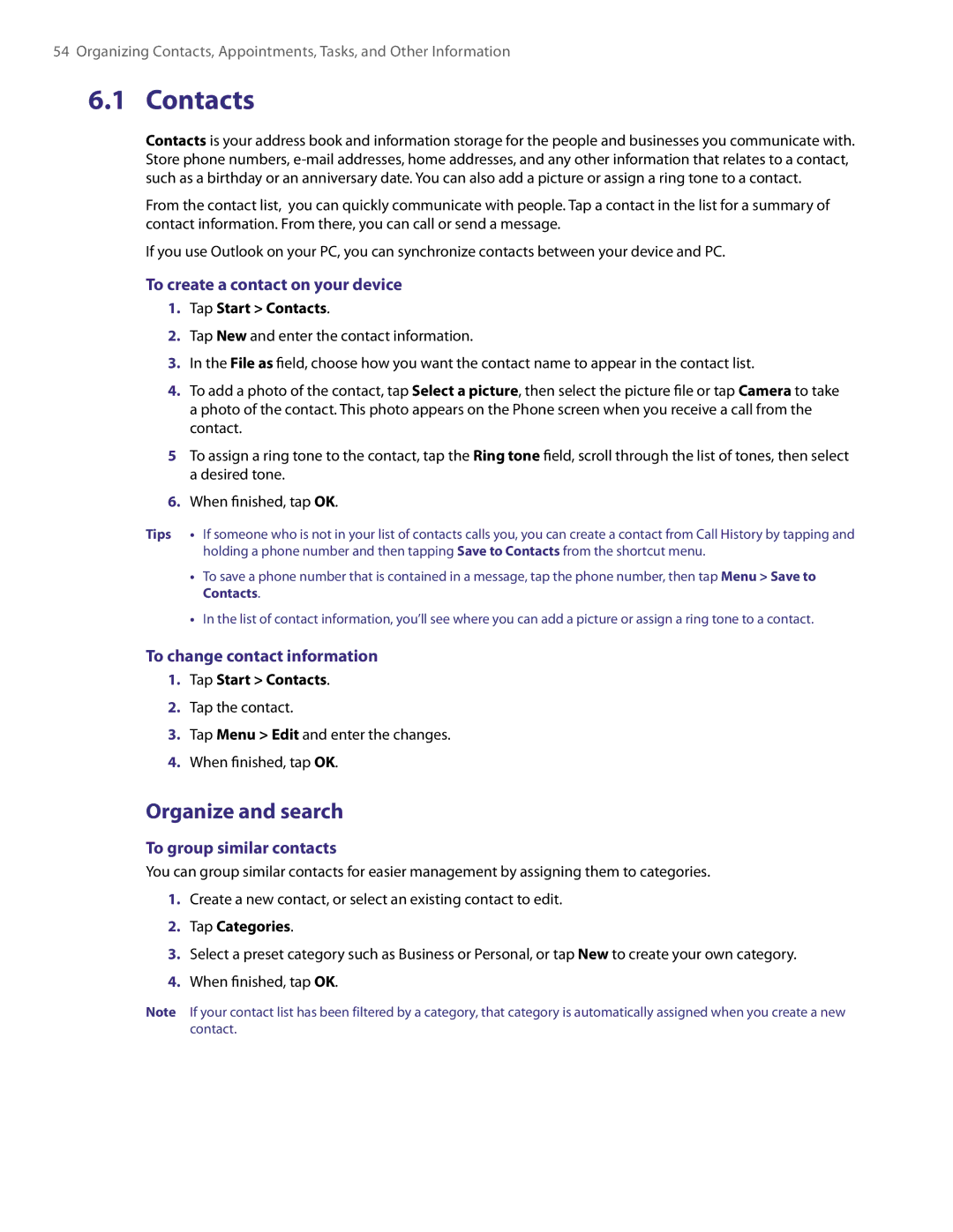 HTC XV6800 user manual Contacts, Organize and search, To create a contact on your device, To change contact information 