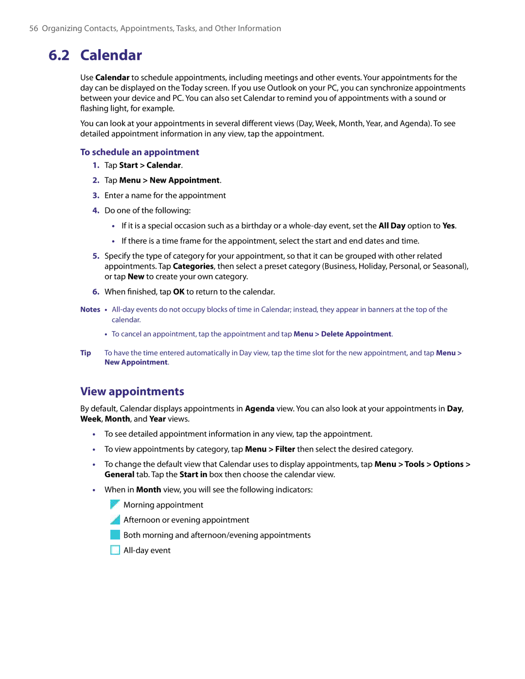 HTC XV6800 user manual View appointments, To schedule an appointment, Tap Start Calendar Tap Menu New Appointment 