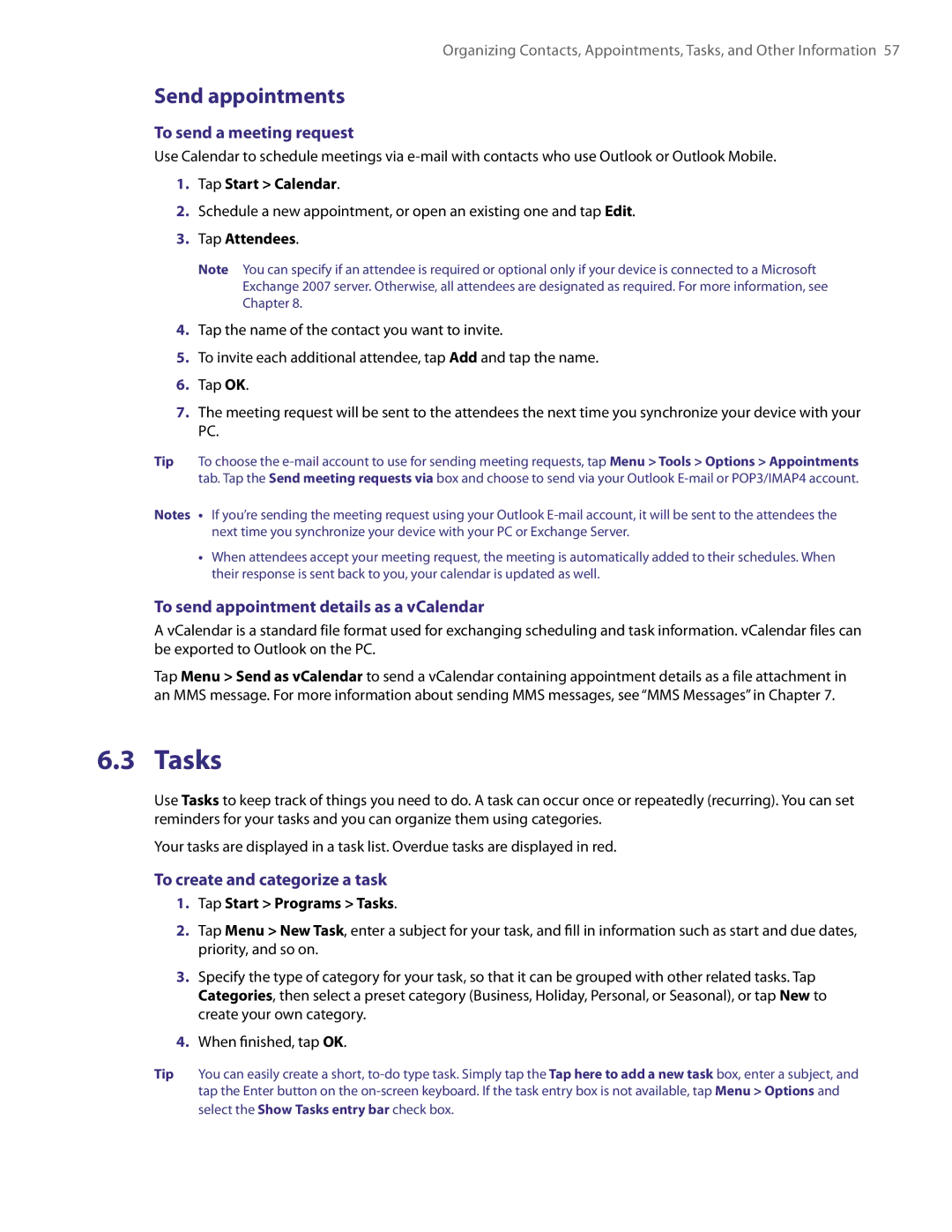 HTC XV6800 user manual Tasks, Send appointments, To send a meeting request, To send appointment details as a vCalendar 