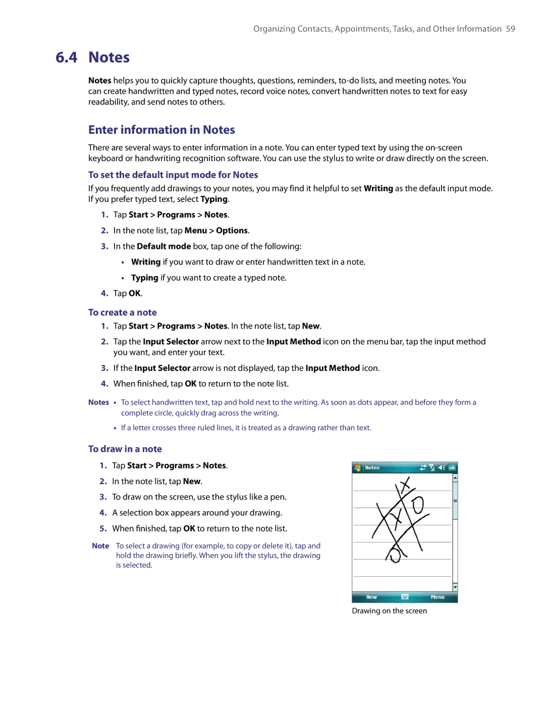 HTC XV6800 Enter information in Notes, To set the default input mode for Notes, To create a note, To draw in a note 