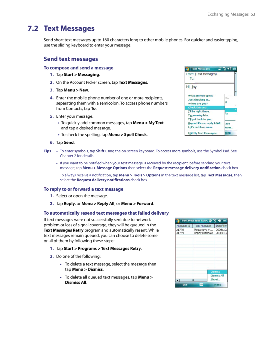 HTC XV6800 Text Messages, Send text messages, To compose and send a message, To reply to or forward a text message 