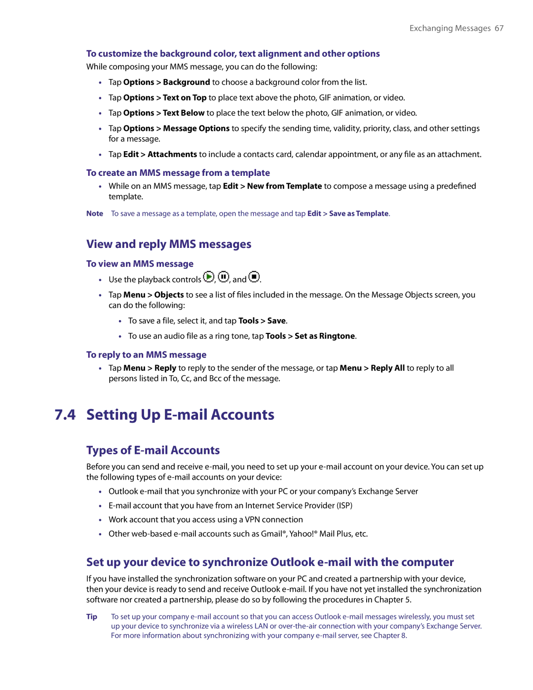 HTC XV6800 user manual Setting Up E-mail Accounts, View and reply MMS messages, Types of E-mail Accounts 