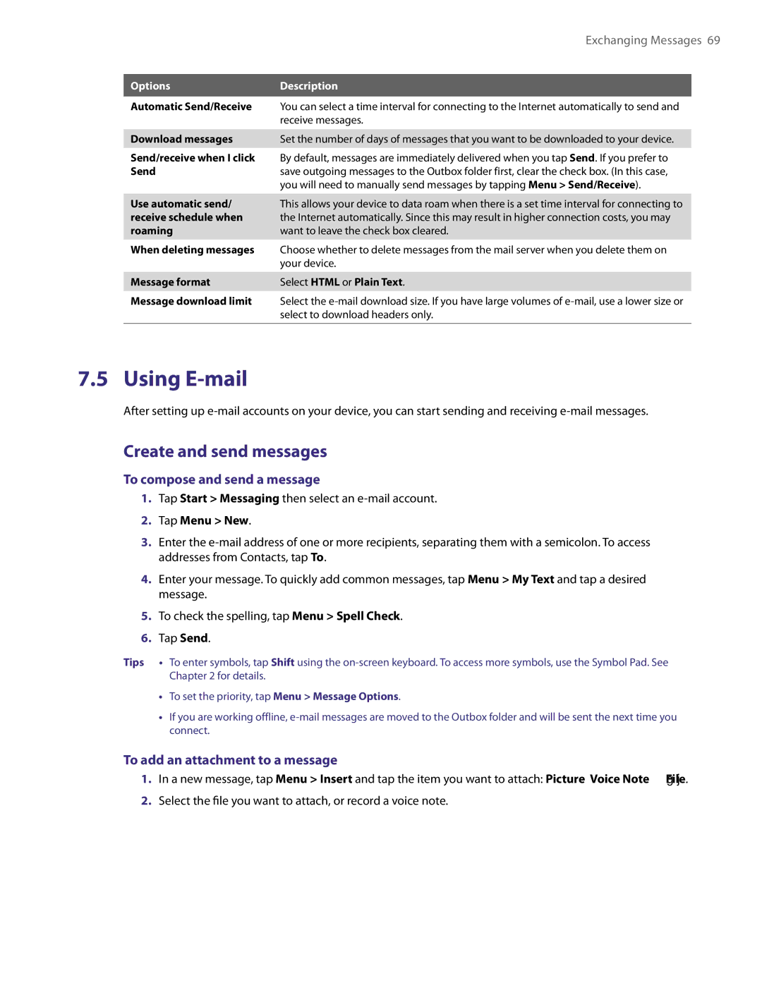 HTC XV6800 user manual Using E-mail, Create and send messages, To add an attachment to a message 