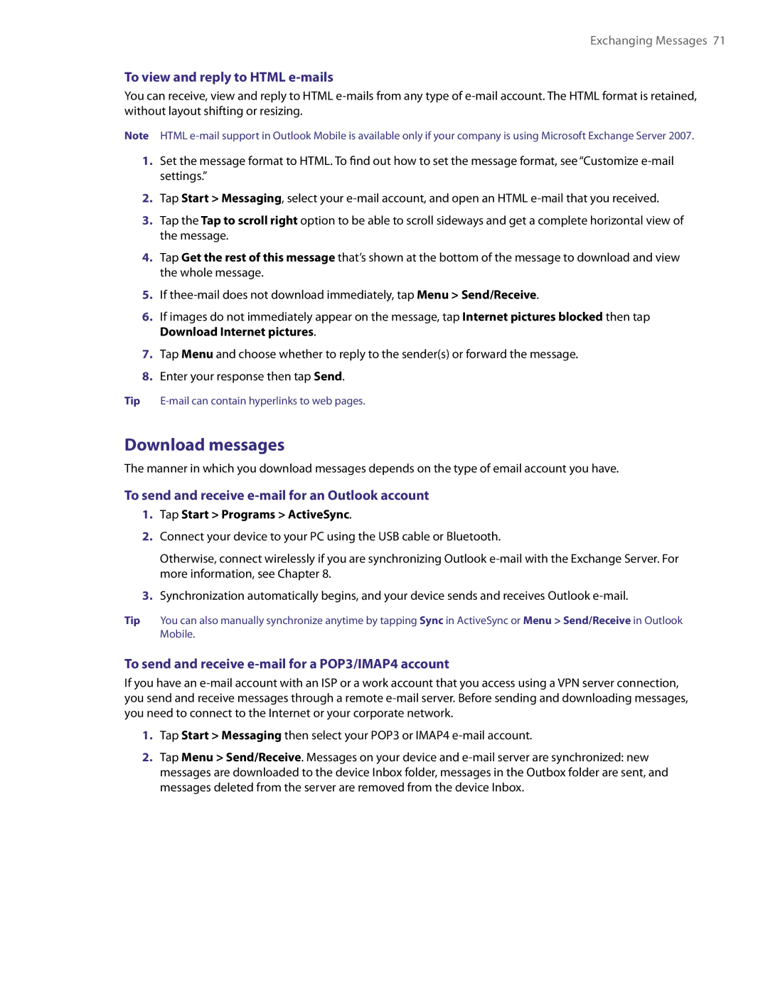 HTC XV6800 Download messages, To view and reply to Html e-mails, To send and receive e-mail for an Outlook account 