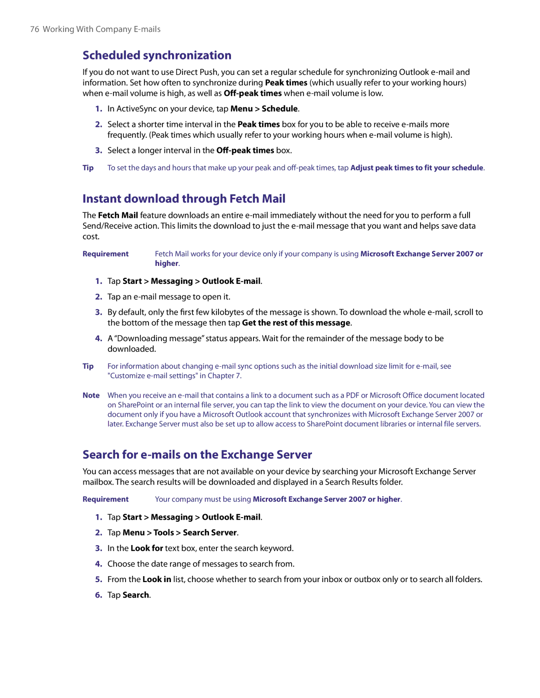 HTC XV6800 Scheduled synchronization, Instant download through Fetch Mail, Search for e-mails on the Exchange Server 