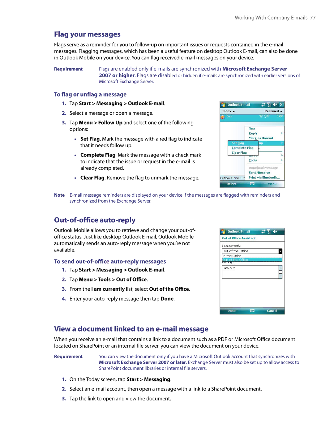 HTC XV6800 user manual Flag your messages, Out-of-office auto-reply, View a document linked to an e-mail message 