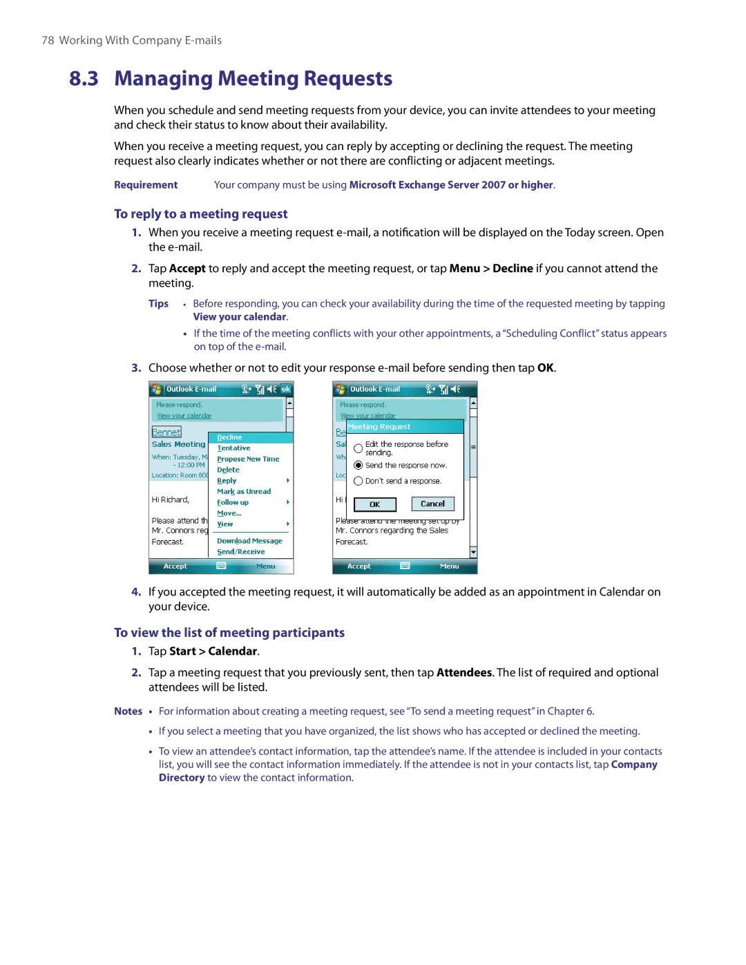 HTC XV6800 user manual Managing Meeting Requests, To reply to a meeting request, To view the list of meeting participants 