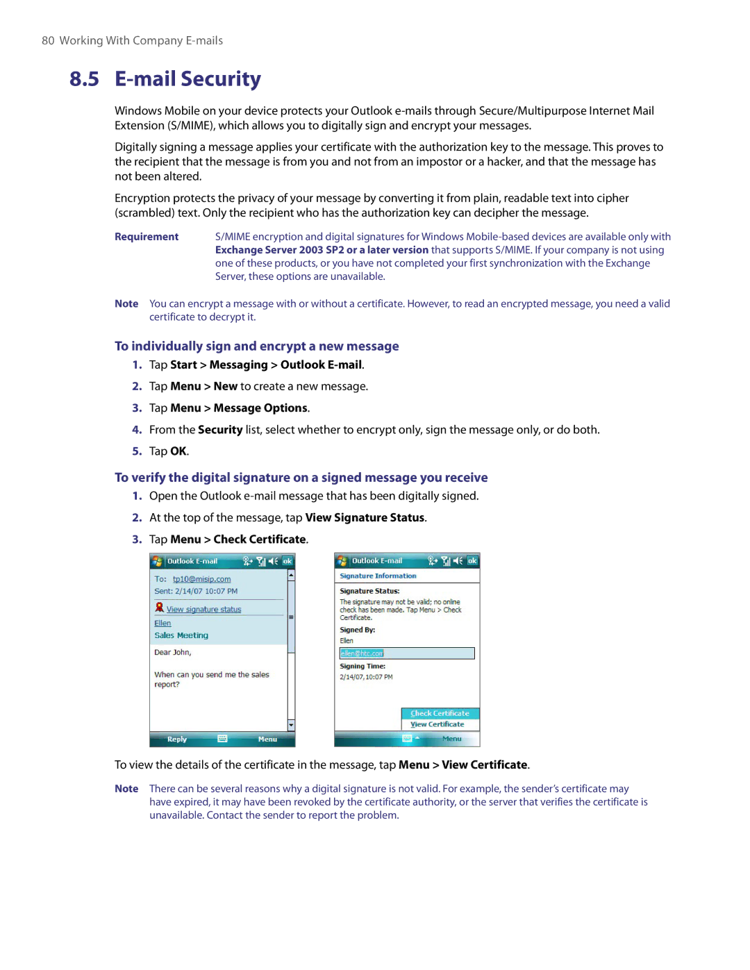 HTC XV6800 user manual Mail Security, To individually sign and encrypt a new message, Tap Menu Message Options 