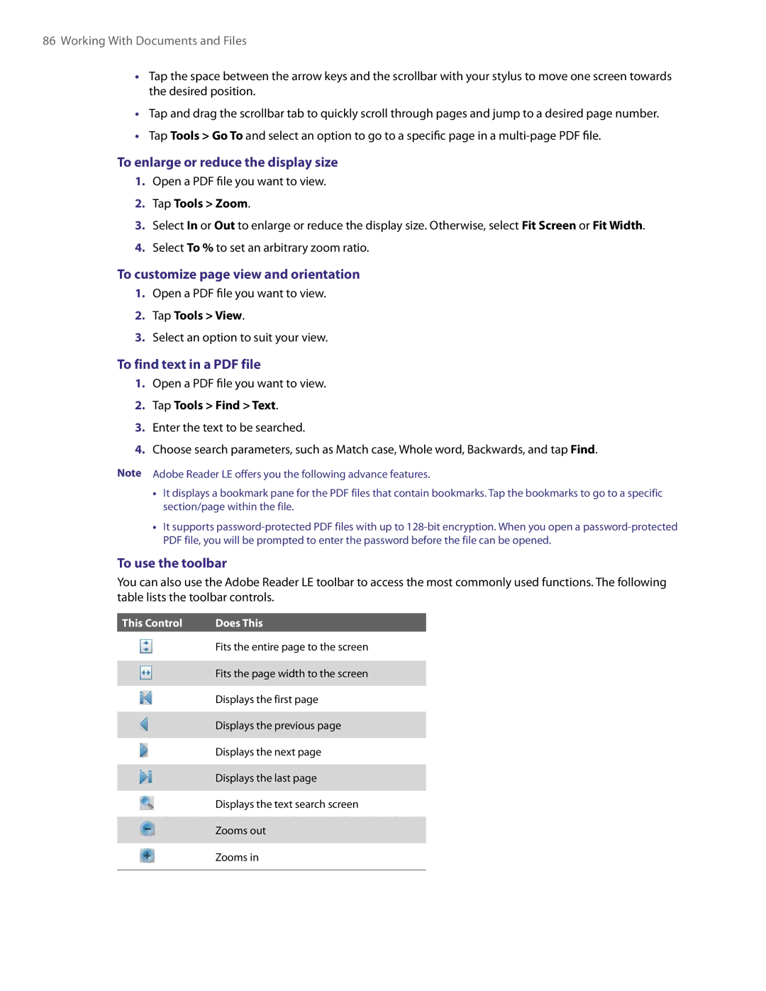 HTC XV6800 user manual To enlarge or reduce the display size, To customize page view and orientation, To use the toolbar 