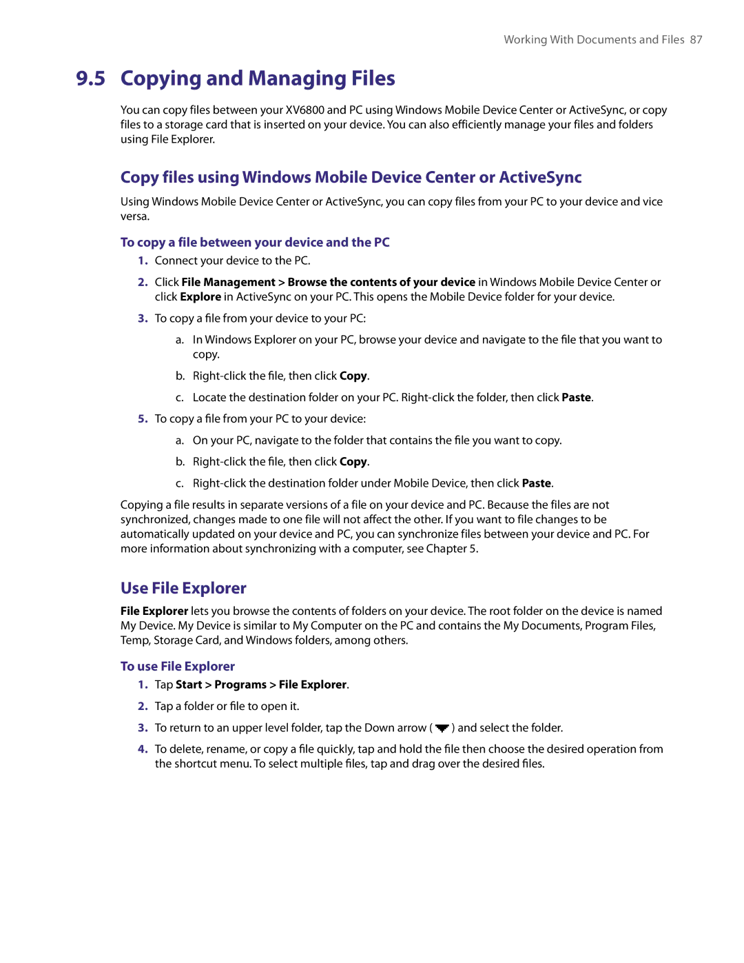 HTC XV6800 Copying and Managing Files, Copy files using Windows Mobile Device Center or ActiveSync, Use File Explorer 