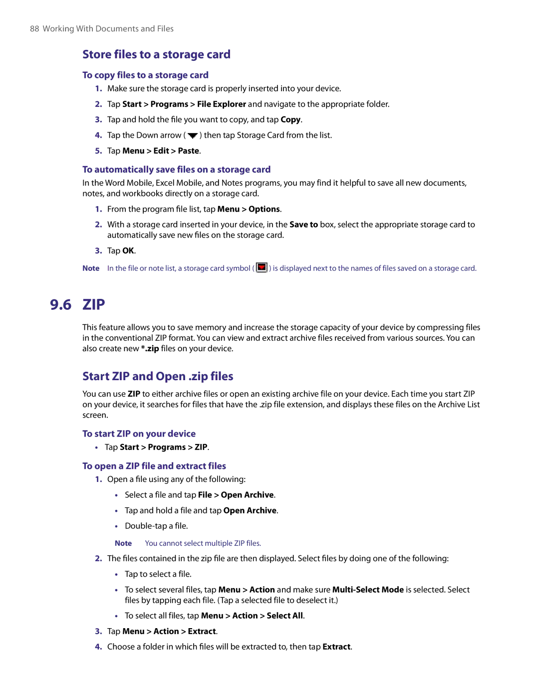 HTC XV6800 user manual Zip, Store files to a storage card, Start ZIP and Open .zip files 