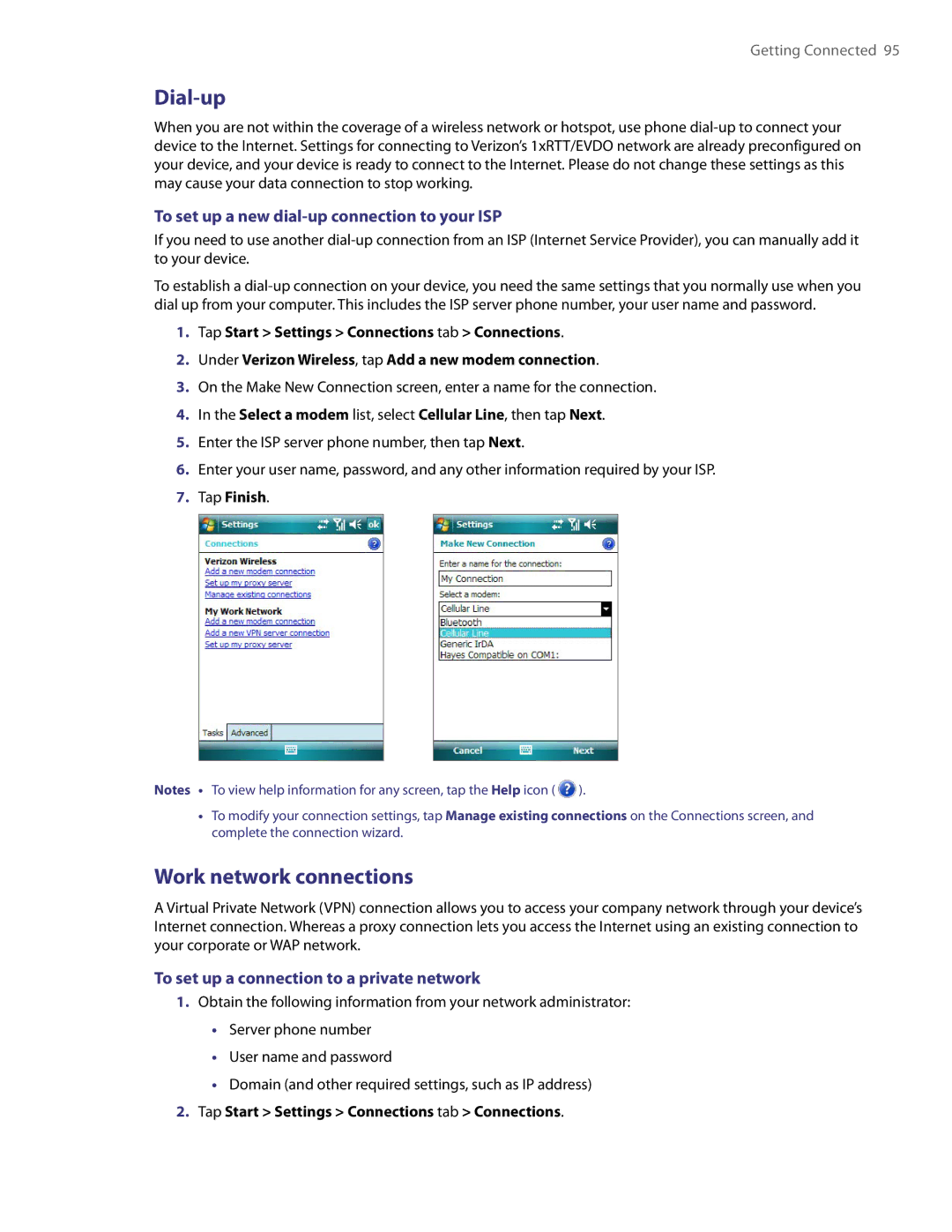 HTC XV6800 user manual Dial-up, Work network connections, To set up a new dial-up connection to your ISP 