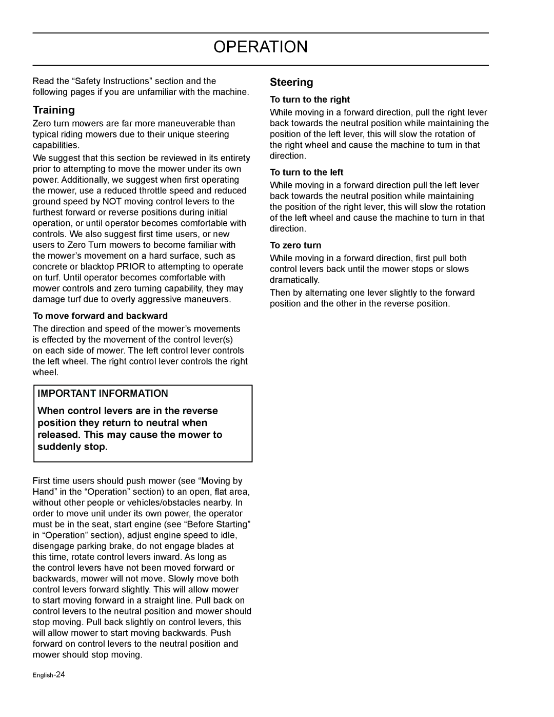 HTC Z5426BF, Z4220BF, Z4824BF, Z4619BF, Z4219BF manual Operation, Training, Steering 