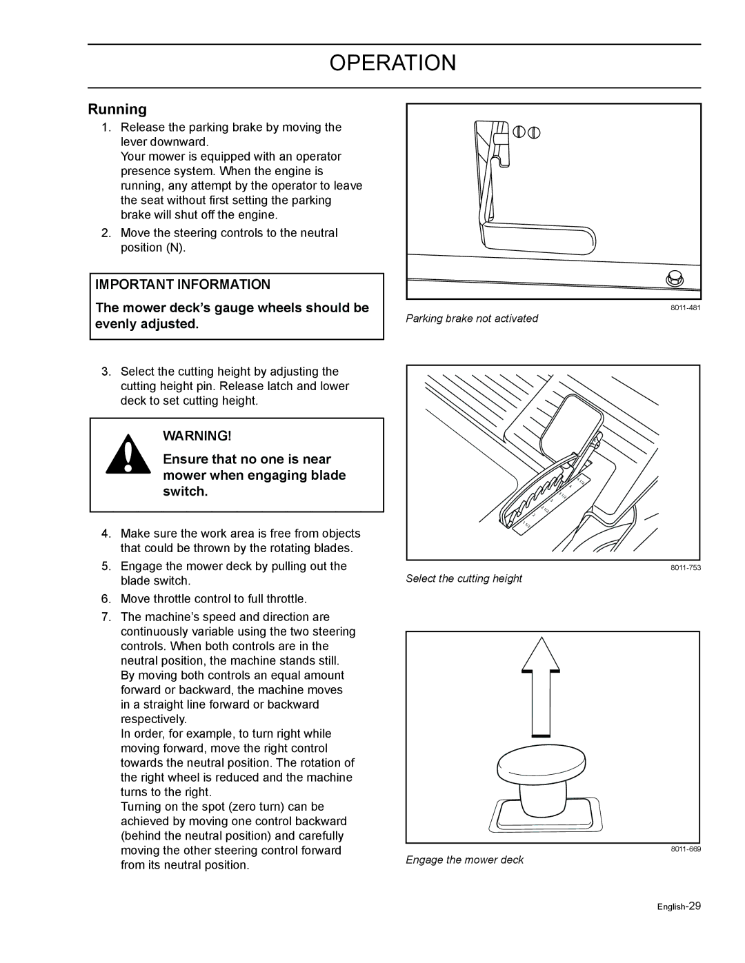 HTC Z4219BF, Z5426BF, Z4220BF, Z4824BF, Z4619BF manual Running, Mower deck’s gauge wheels should be evenly adjusted 