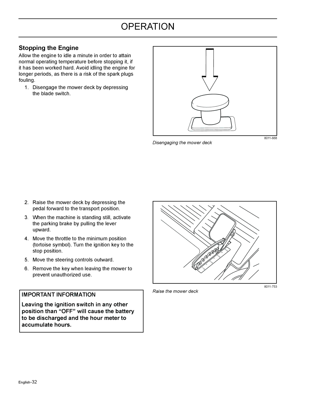 HTC Z5426BF, Z4220BF, Z4824BF, Z4619BF, Z4219BF manual Stopping the Engine 