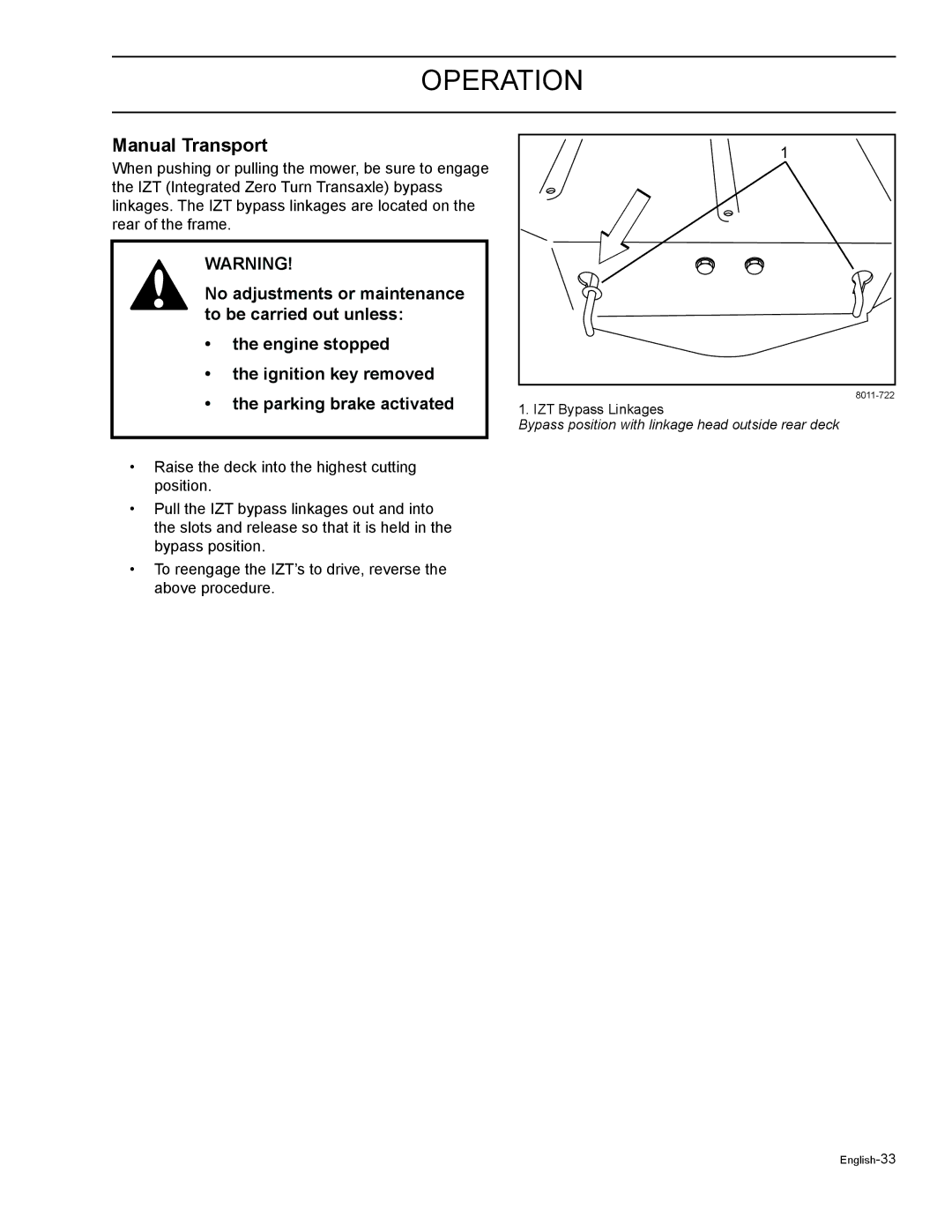 HTC Z5426BF, Z4220BF, Z4824BF, Z4619BF, Z4219BF manual Operation, Manual Transport 