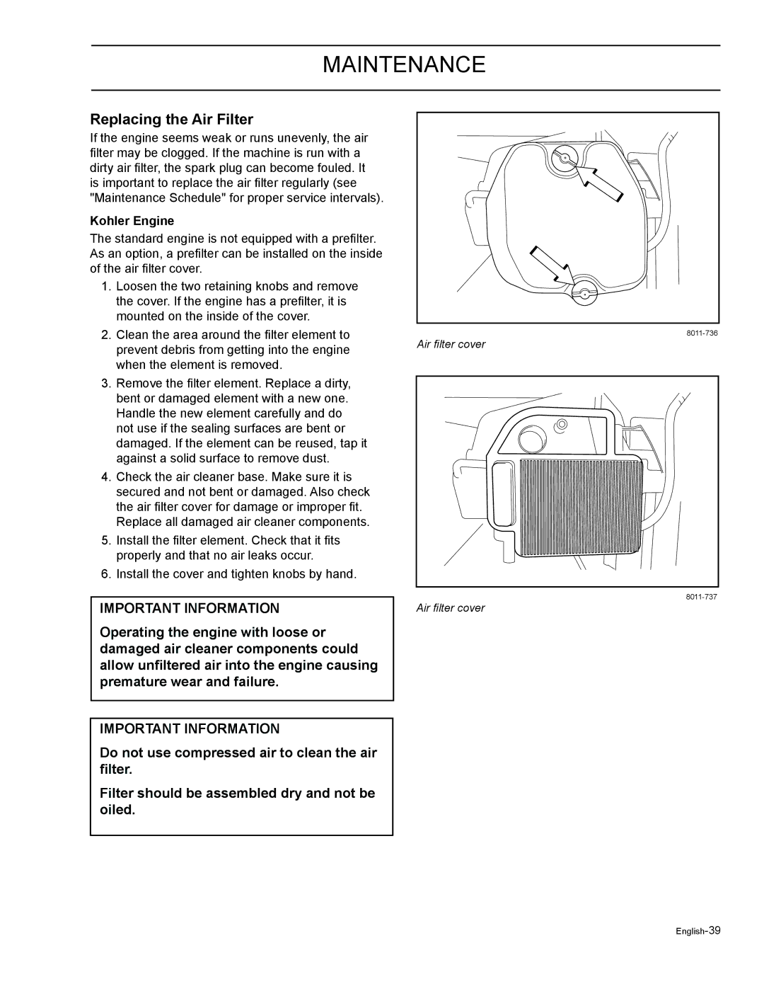 HTC Z4219BF, Z5426BF, Z4220BF, Z4824BF, Z4619BF manual Replacing the Air Filter, Kohler Engine 