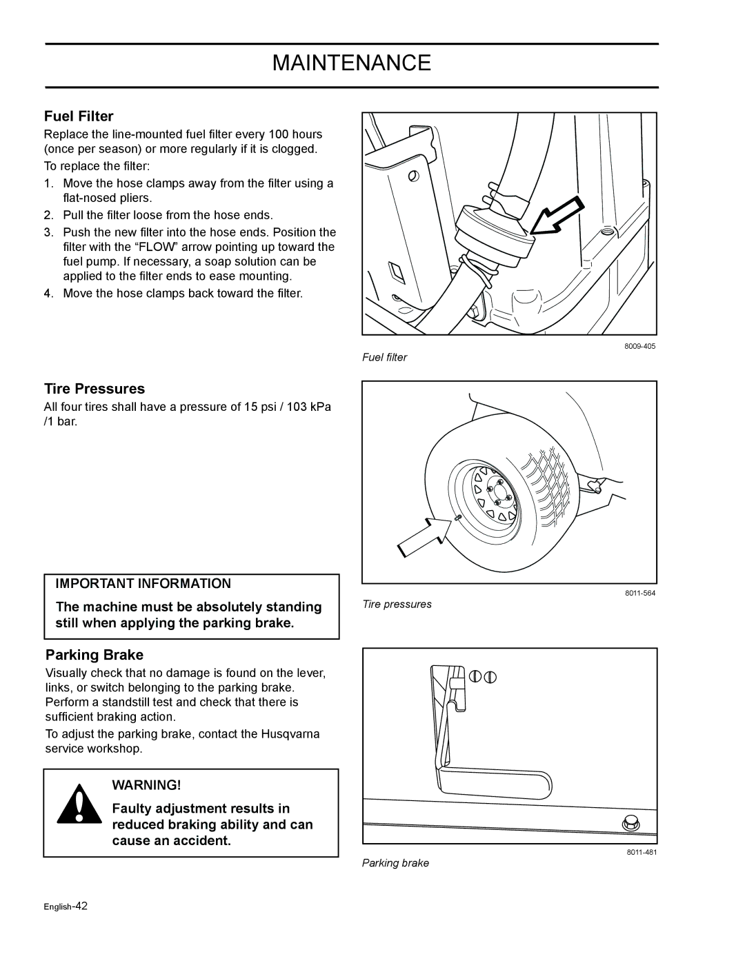 HTC Z5426BF, Z4220BF, Z4824BF, Z4619BF, Z4219BF manual Fuel Filter, Tire Pressures 