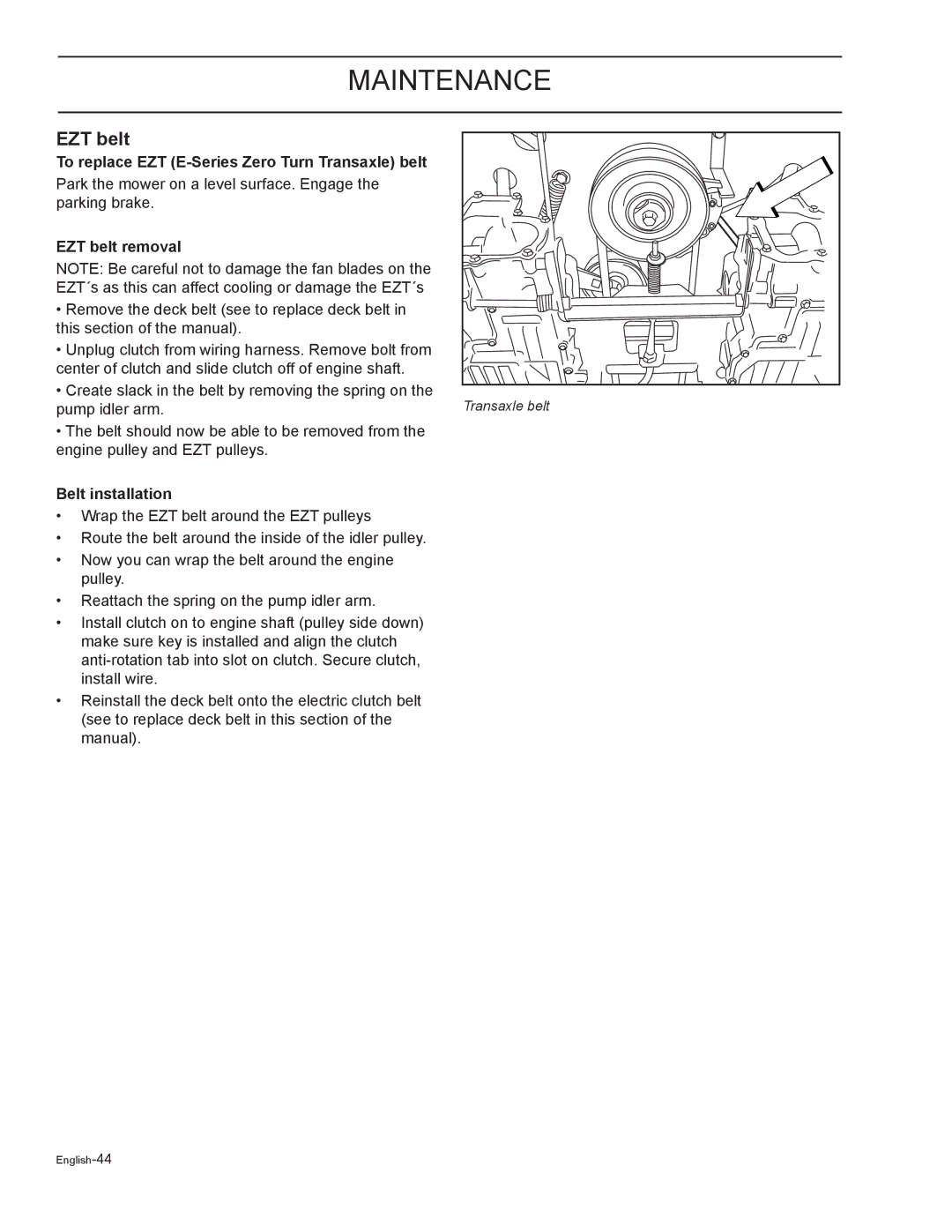 HTC Z5426BF, Z4824, Z4619, Z4220 To replace EZT E-Series Zero Turn Transaxle belt, EZT belt removal, Belt installation 