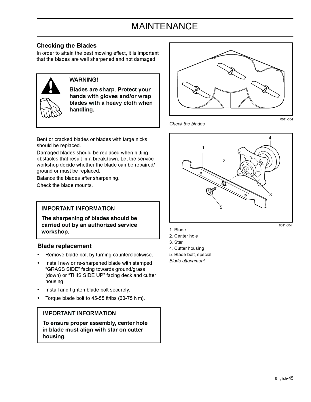 HTC Z4220BF, Z5426BF, Z4824BF, Z4619BF, Z4219BF manual Checking the Blades, Blade replacement 