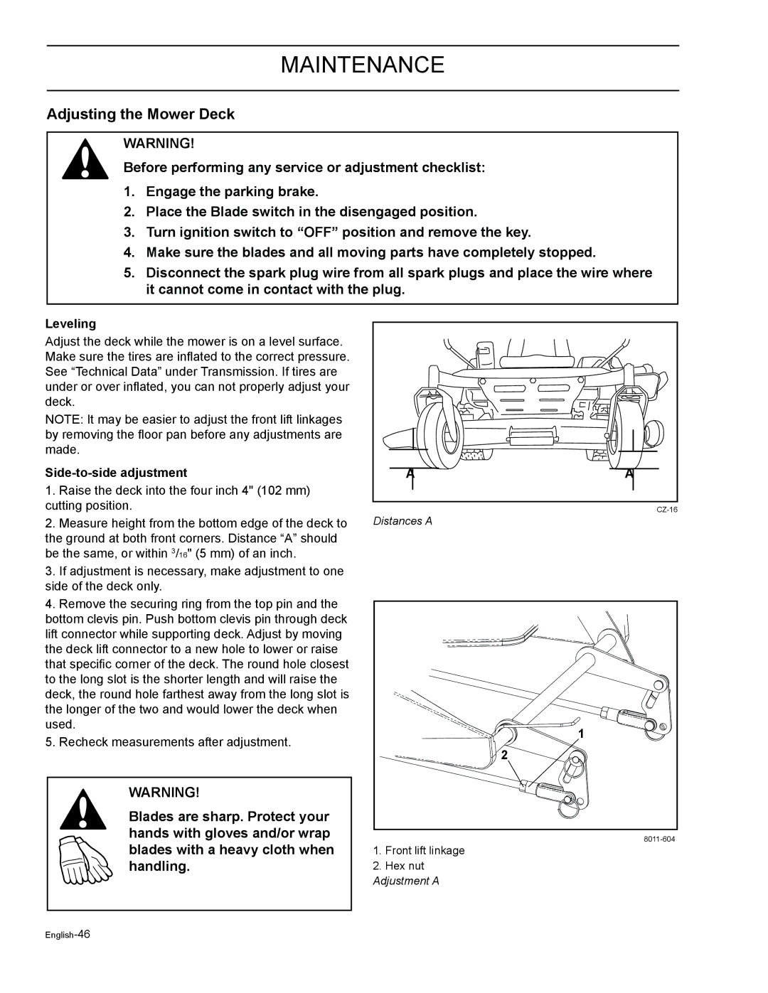 HTC Z5426BF, Z4220BF, Z4824BF, Z4619BF, Z4219BF Adjusting the Mower Deck, Leveling, Side-to-side adjustment 