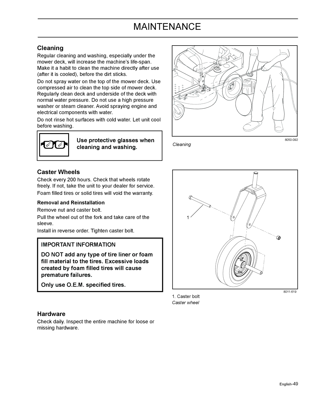 HTC Z4219BF, Z5426BF, Z4220BF, Z4824BF, Z4619BF Cleaning, Caster Wheels, Hardware, Removal and Reinstallation 