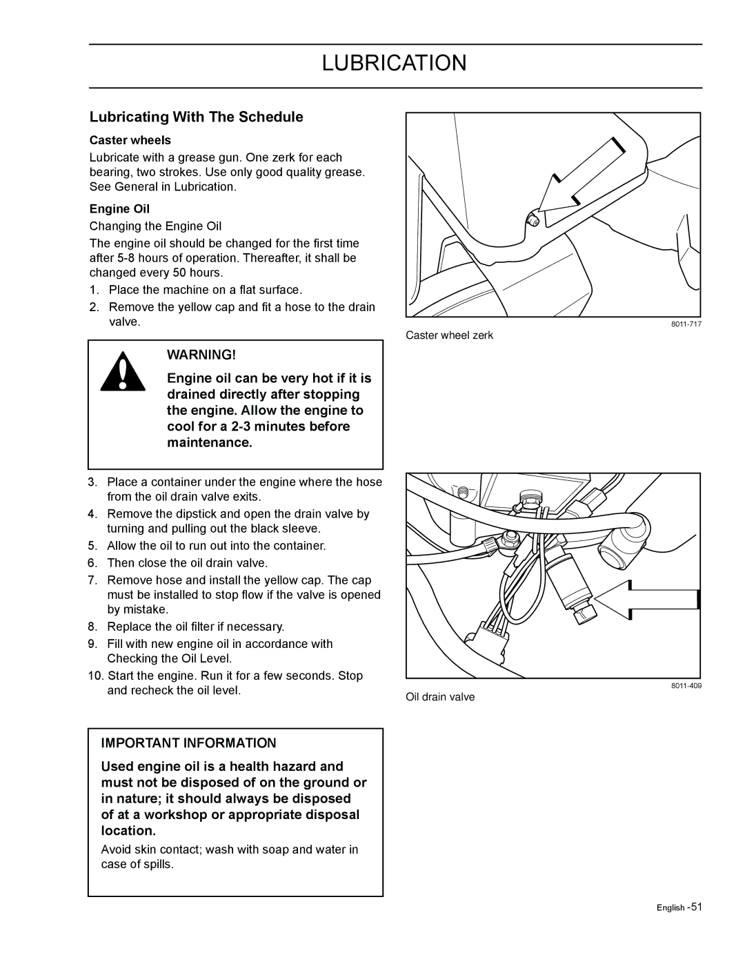 HTC Z5426BF, Z4220BF, Z4824BF, Z4619BF, Z4219BF manual Lubricating With The Schedule, Caster wheels, Engine Oil 