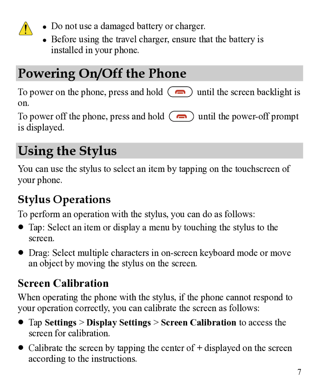 Huawei 31010EJH manual Powering On/Off the Phone, Using the Stylus, Stylus Operations 