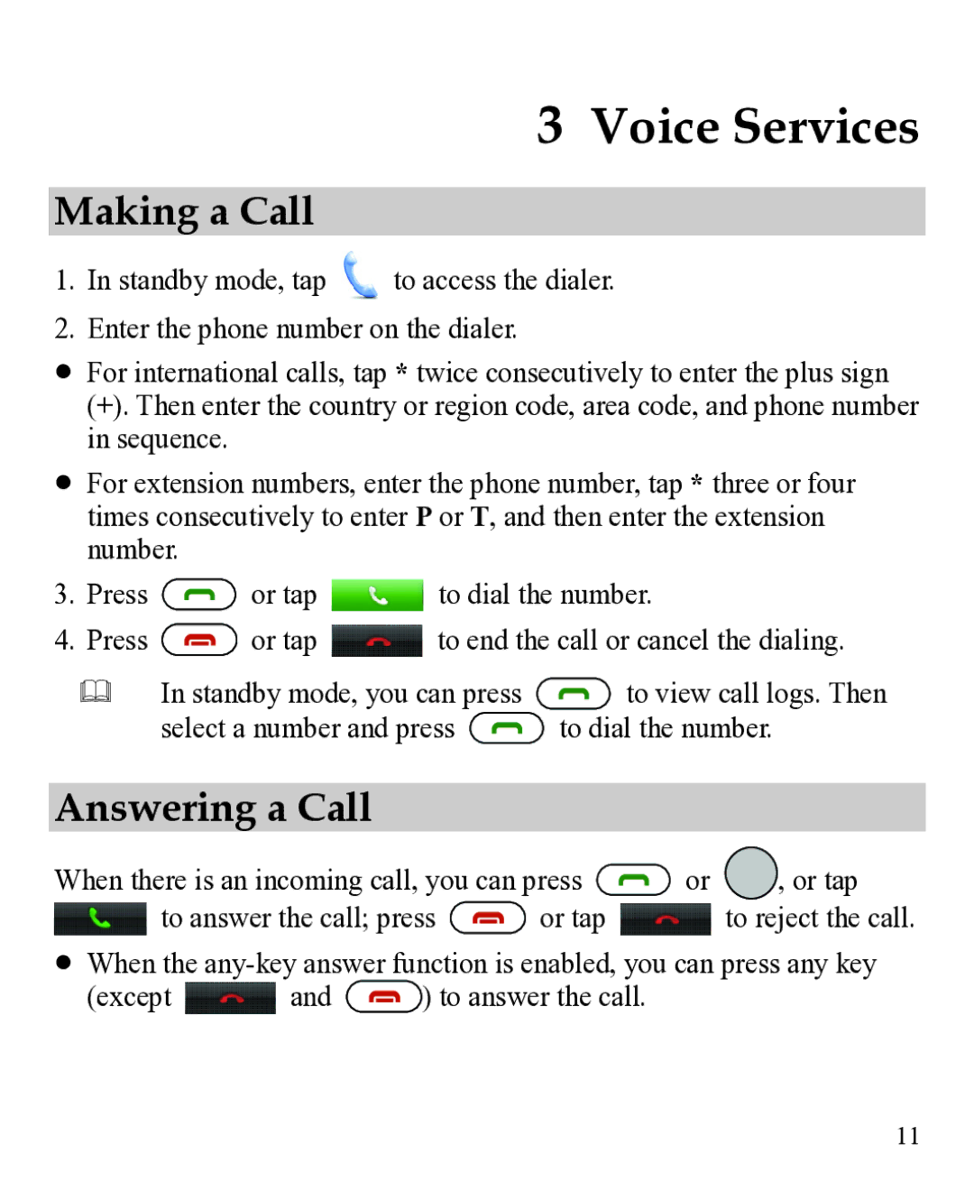 Huawei 31010EJH manual Voice Services, Making a Call, Answering a Call 